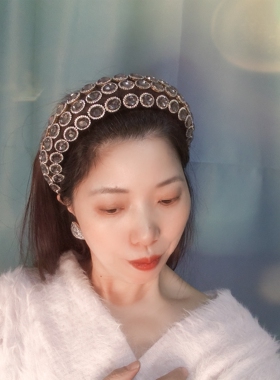 原创发饰灰色椭圆水晶发箍女高颅顶人工宝石头箍带齿海绵镶钻发卡