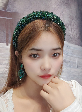手工制作墨绿色水晶发箍女高颅顶独特发卡女高级感宝石头箍薄海绵