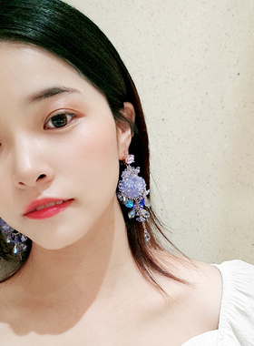 小众淡紫色水晶耳环女网红长款耳饰925银针耳钉女气质耳饰耳夹A67