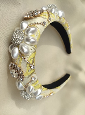 新品中式黄色镶钻发箍女带齿椭圆仿珍珠发卡宽边高颅顶头箍女复古