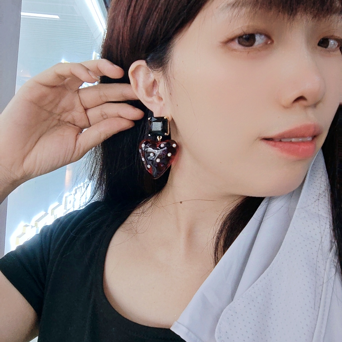 夸张甜美i耳饰酒红色爱心耳环女高级感925银针耳钉大桃心耳夹ns风