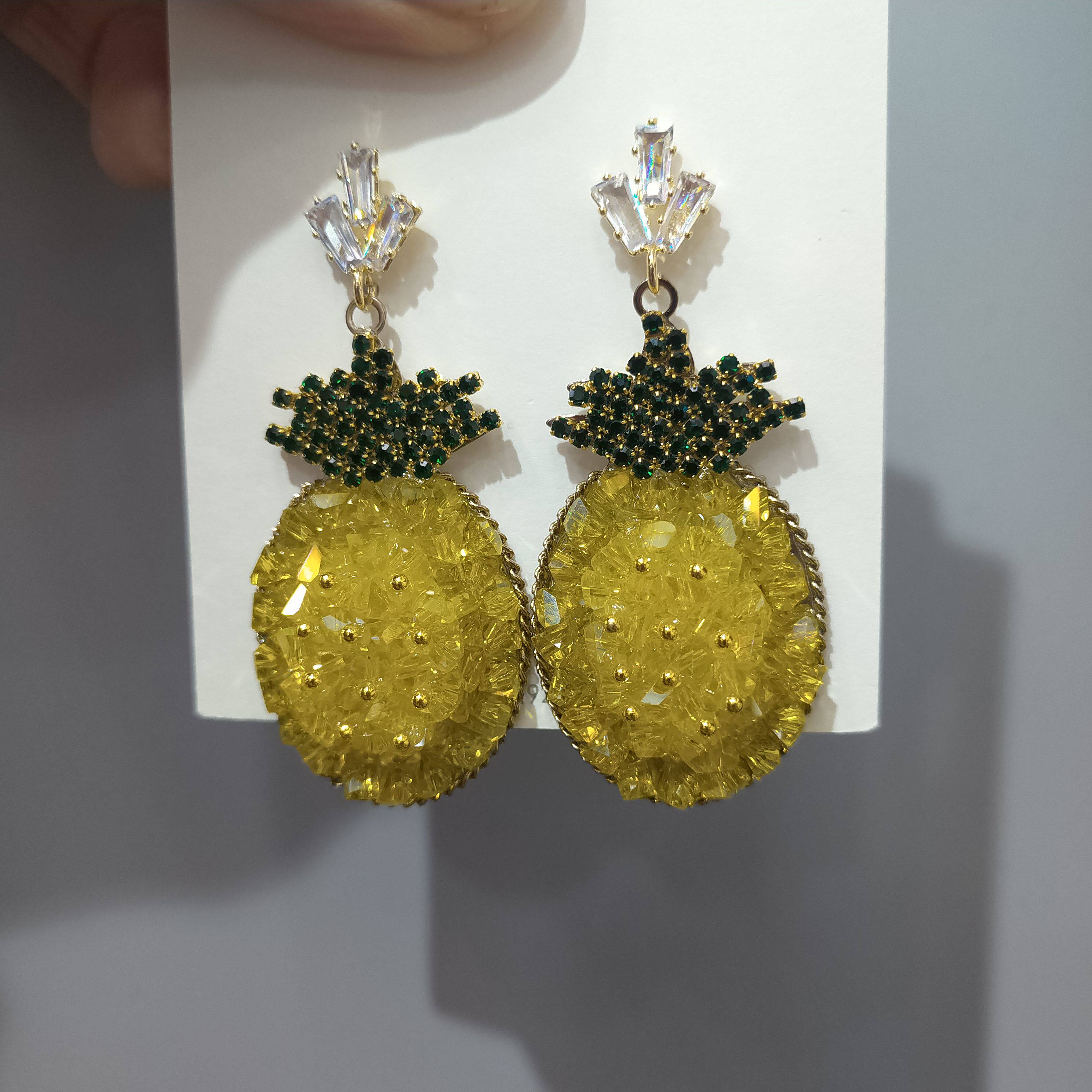 小众设计感新款925银针耳钉女黄色菠萝水晶耳环轻奢耳饰高档耳夹