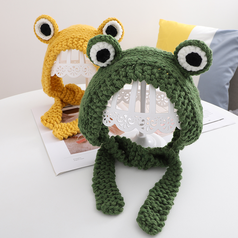 秋冬季可爱卡通青蛙护耳帽子针织毛线帽儿童保暖耳罩头套女网红款