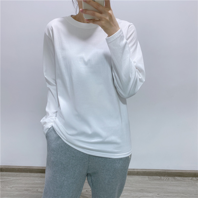 白色短袖长袖T恤女简约百搭纯棉宽松圆领内搭上衣显瘦休闲打底衫