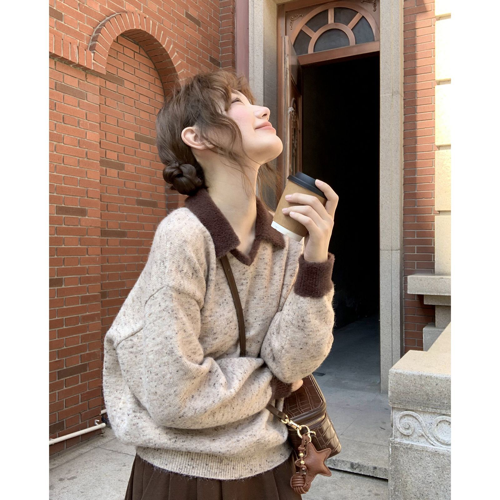 杂色点点纱撞色翻领毛衣女春秋2025新款宽松小个子上衣