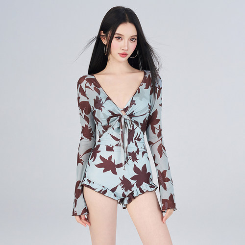 性感长袖V领系带防晒连体泳衣女