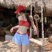 显白复古红条纹性感辣妹分体三件套比基尼多巴胺抽绳温泉度假泳衣