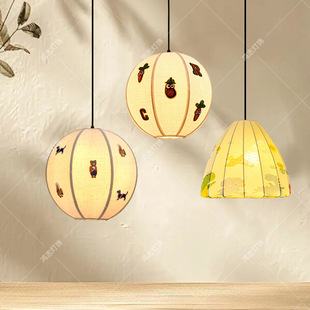 中式餐厅刺绣吊灯日式布艺儿童房卧室书房灯新款卡通南洋风复古灯
