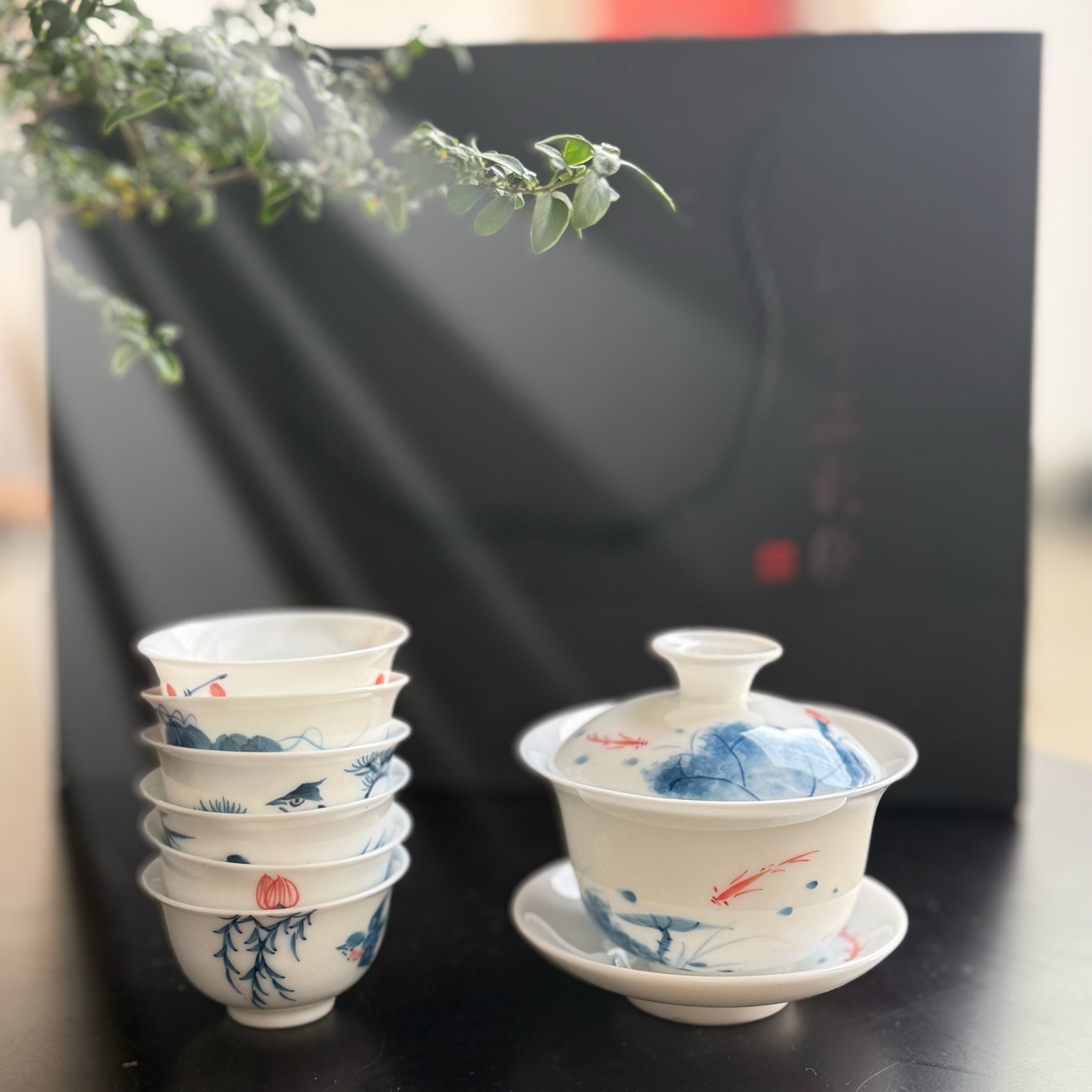 潮州枫溪手绘荷塘月色盖碗套装茶具茶器釉下彩薄胎茶具