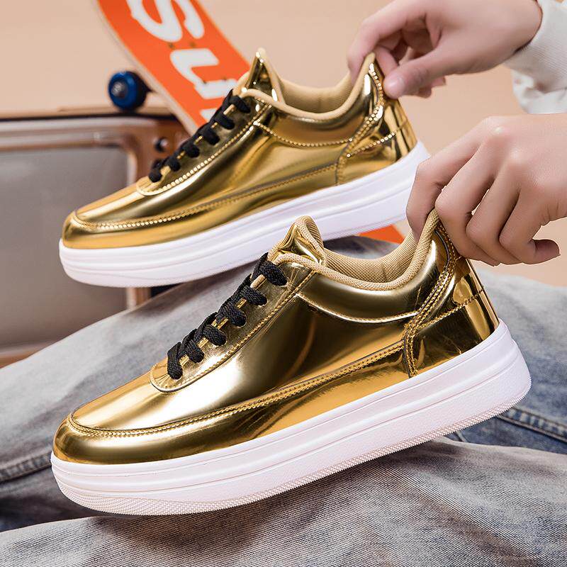 金色皮鞋漆皮亮面休闲板鞋