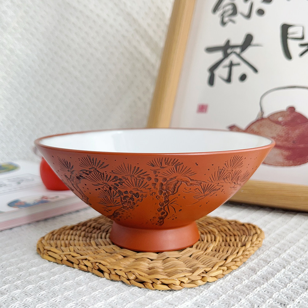 日本常滑烧匠人 弘洋 手作朱泥茶碗手刻福寿松斗笠碗 容量160ml