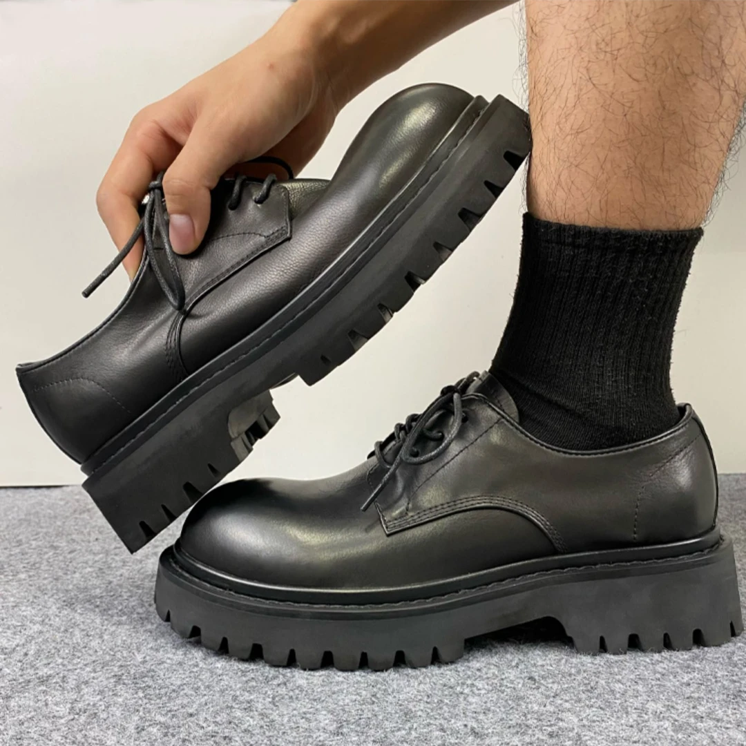 帕达索商务休闲皮鞋男5cm厚底增高舒适黑色大头真皮德比鞋240957