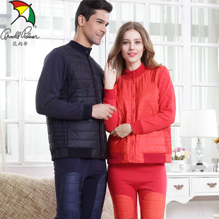 花雨伞老人男女开衫款三层加绒加厚夹棉膝盖加厚羽绒保暖内衣套装