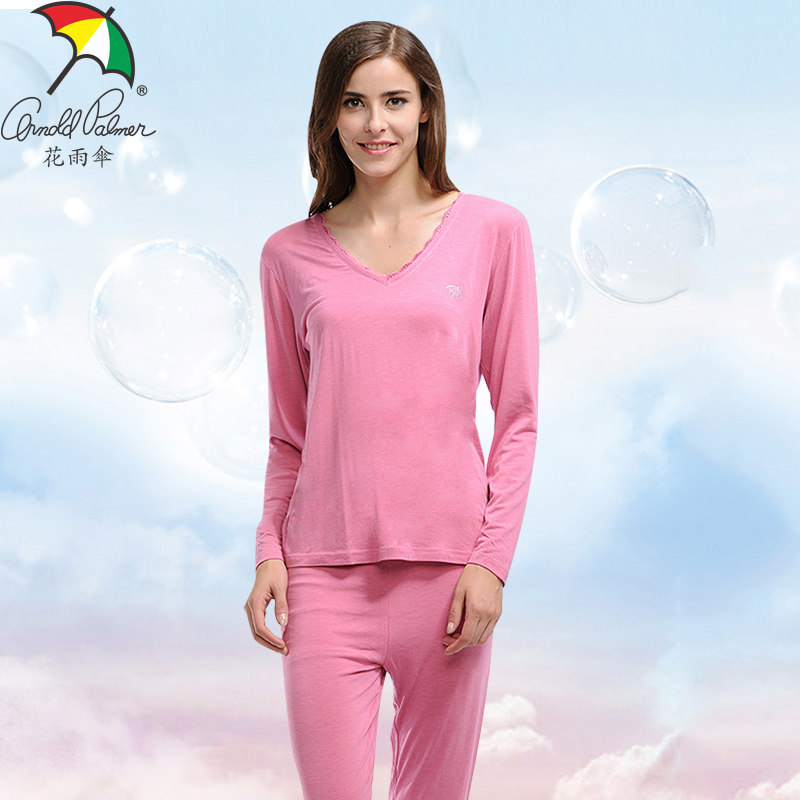 花雨伞女士薄款内衣纯色V领蕾丝花边腈纶弹力基础打底保暖套装