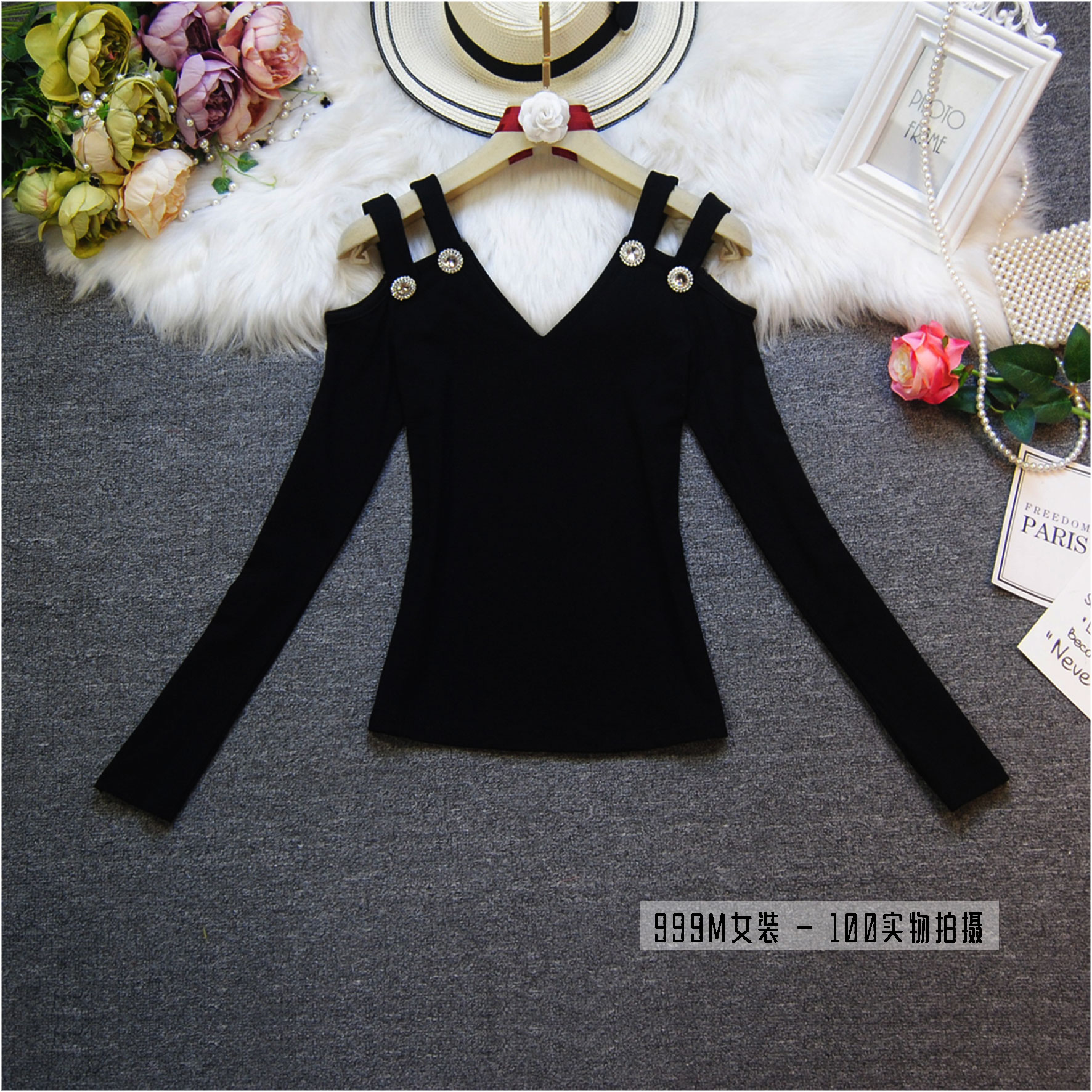 春秋季女装新款性感露肩V领吊带修身显瘦紧身长袖T恤女上衣打底衫