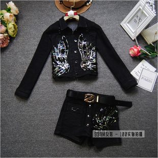 秋冬时尚套装女长袖短款牛仔外套亮片裙裤短裤个性潮流爵士街舞服