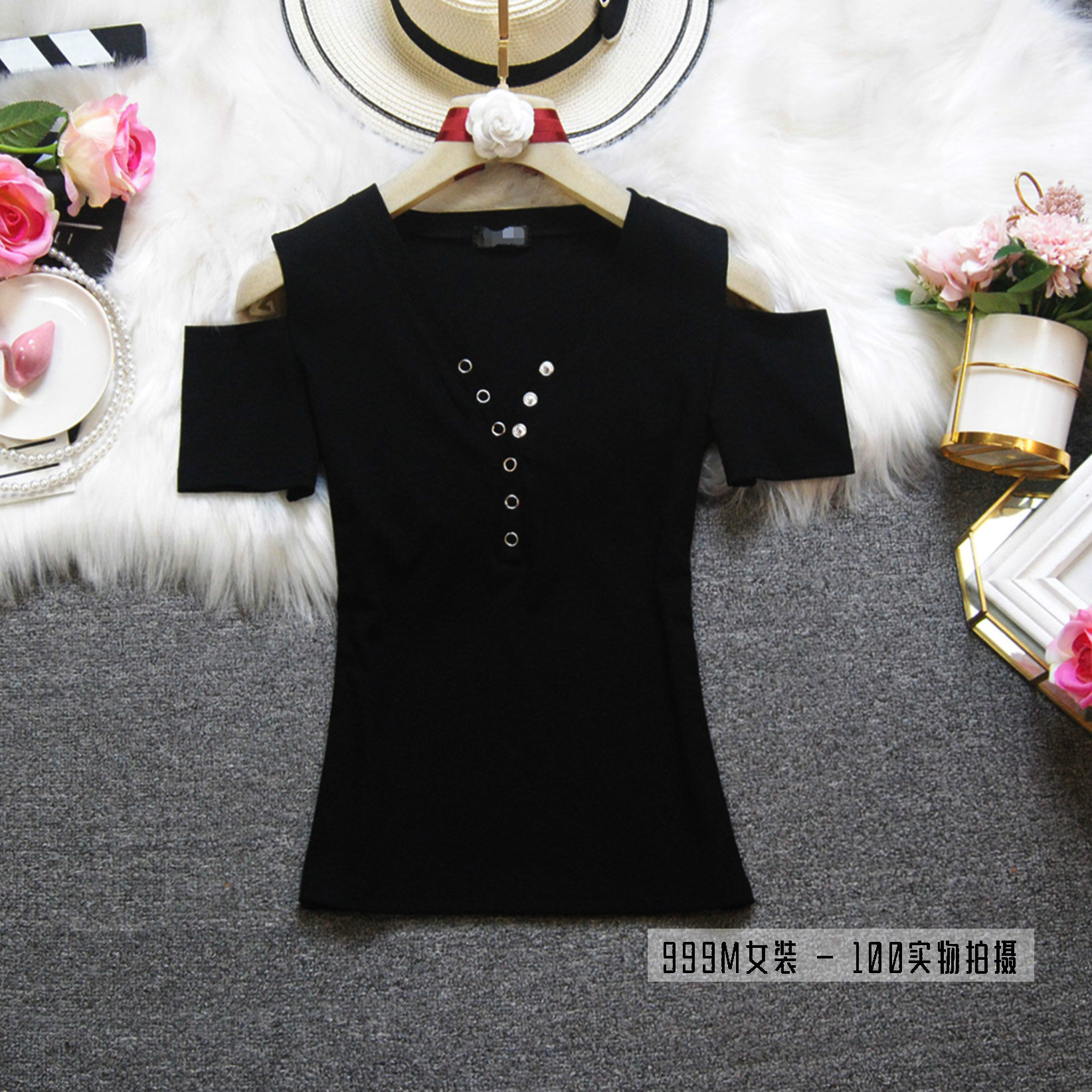 实拍短袖t恤女 夏季新韩版修身百搭体恤漏肩性感V领扣子上衣打底