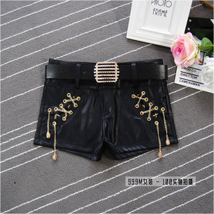 秋冬季时尚下装女士底腰超短裤PU皮裤挂链修身显瘦黑色靴裤送皮带