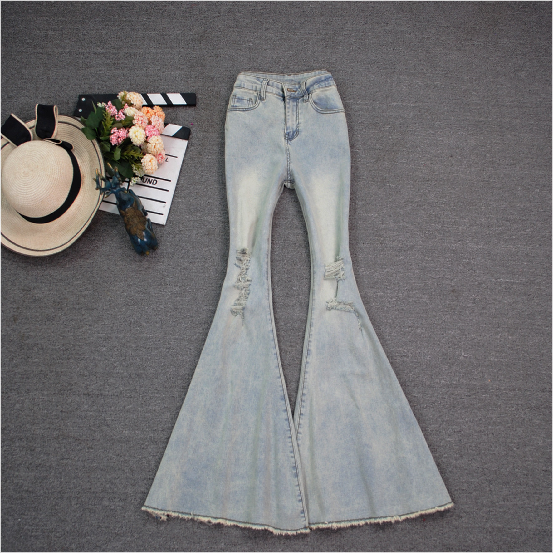 春夏季新款复古高个子破洞高腰修身提臀喇叭裤大裤脚拖地牛仔长裤,女装/女士精品,牛仔裤,淘宝优惠券,粉丝福利购,淘宝优惠卷