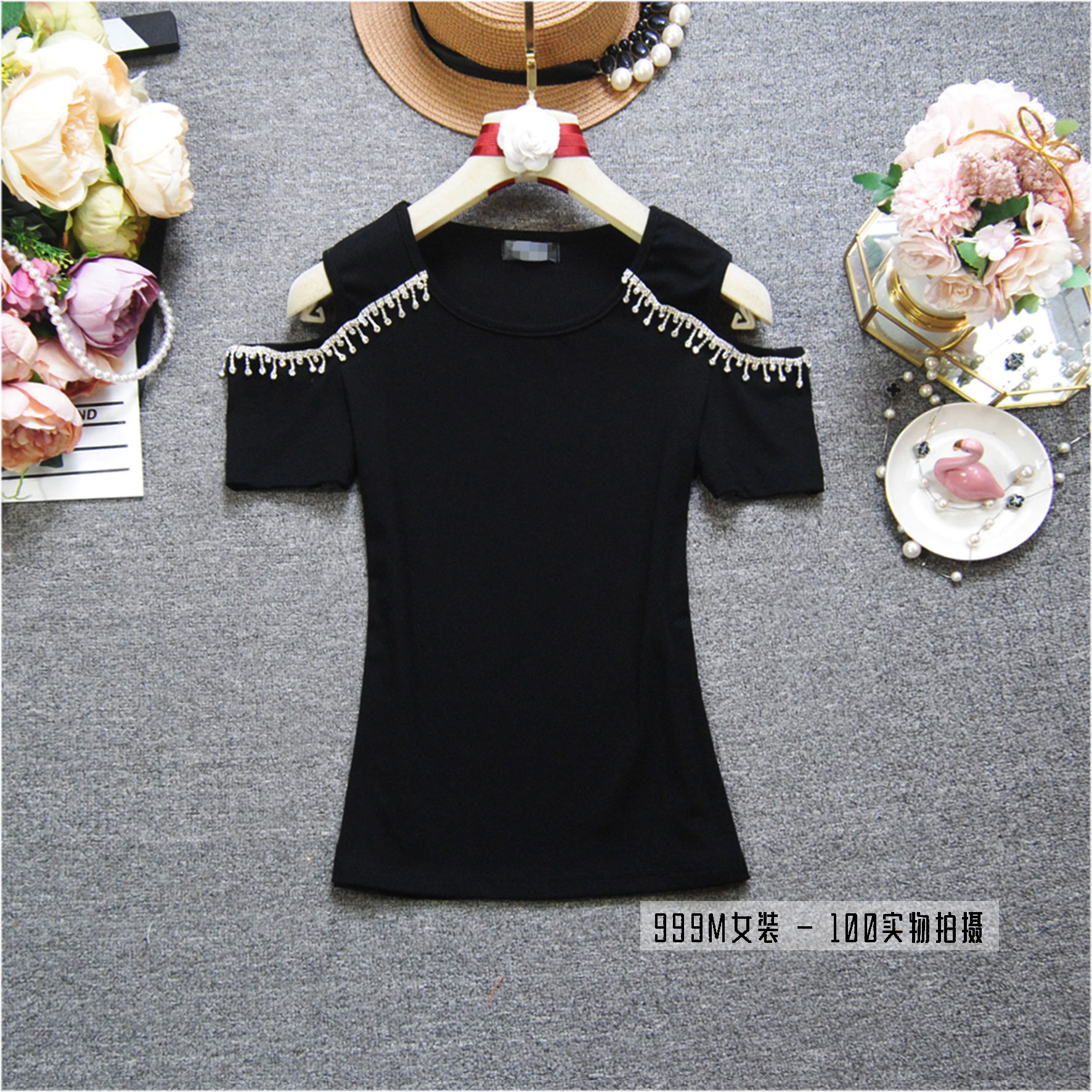 短袖T恤女上衣 夏季新韩版小心机漏肩水晶钻收腰显瘦纯色棉t打底