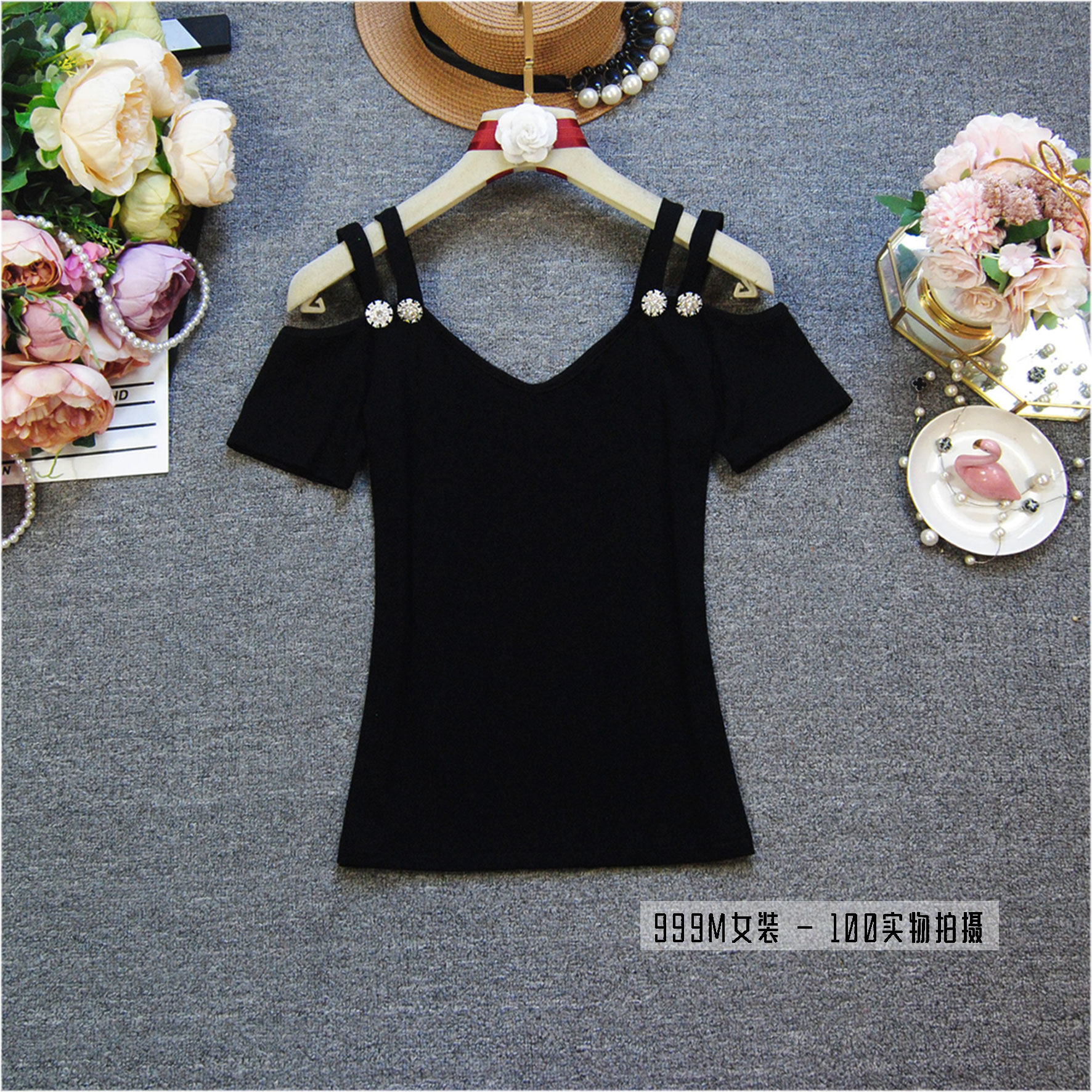 短袖t恤女上衣 夏季新款时尚女装韩版漏肩吊带水晶钻纯色棉T打底