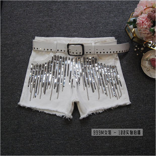 白色牛仔短裤女秋冬新款街头酷炫重工珠莲流苏亮片毛边热裤送皮带