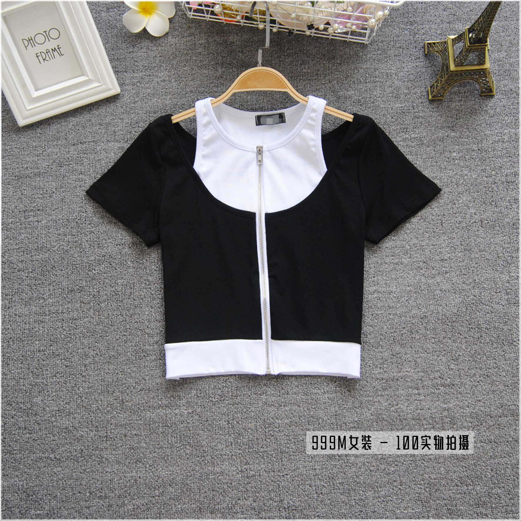 短袖t恤女上衣女士夏季新款个性拼接高腰短款露脐修身收腰打底衫