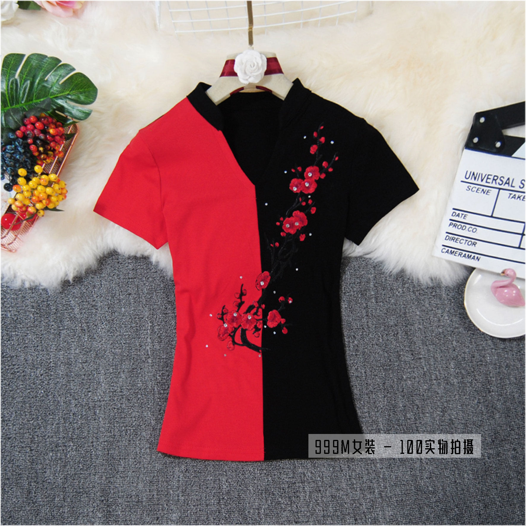 复古民族风刺绣拼色上衣女2024夏季V领修身显瘦短袖T恤女打底小衫