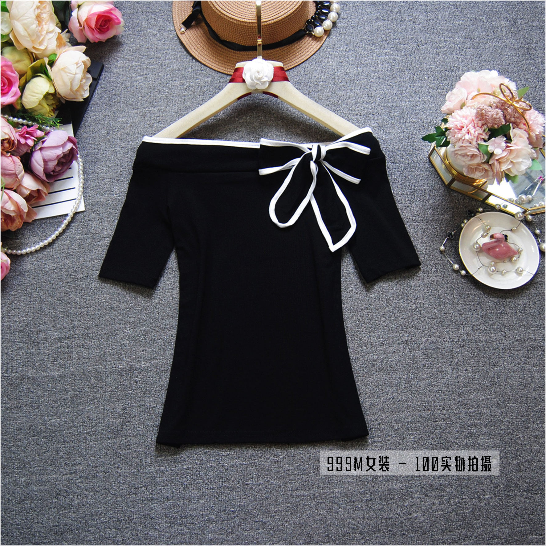 实拍t恤女装短袖夏季新款韩范一字领露肩拼色系带修身显瘦打底衫