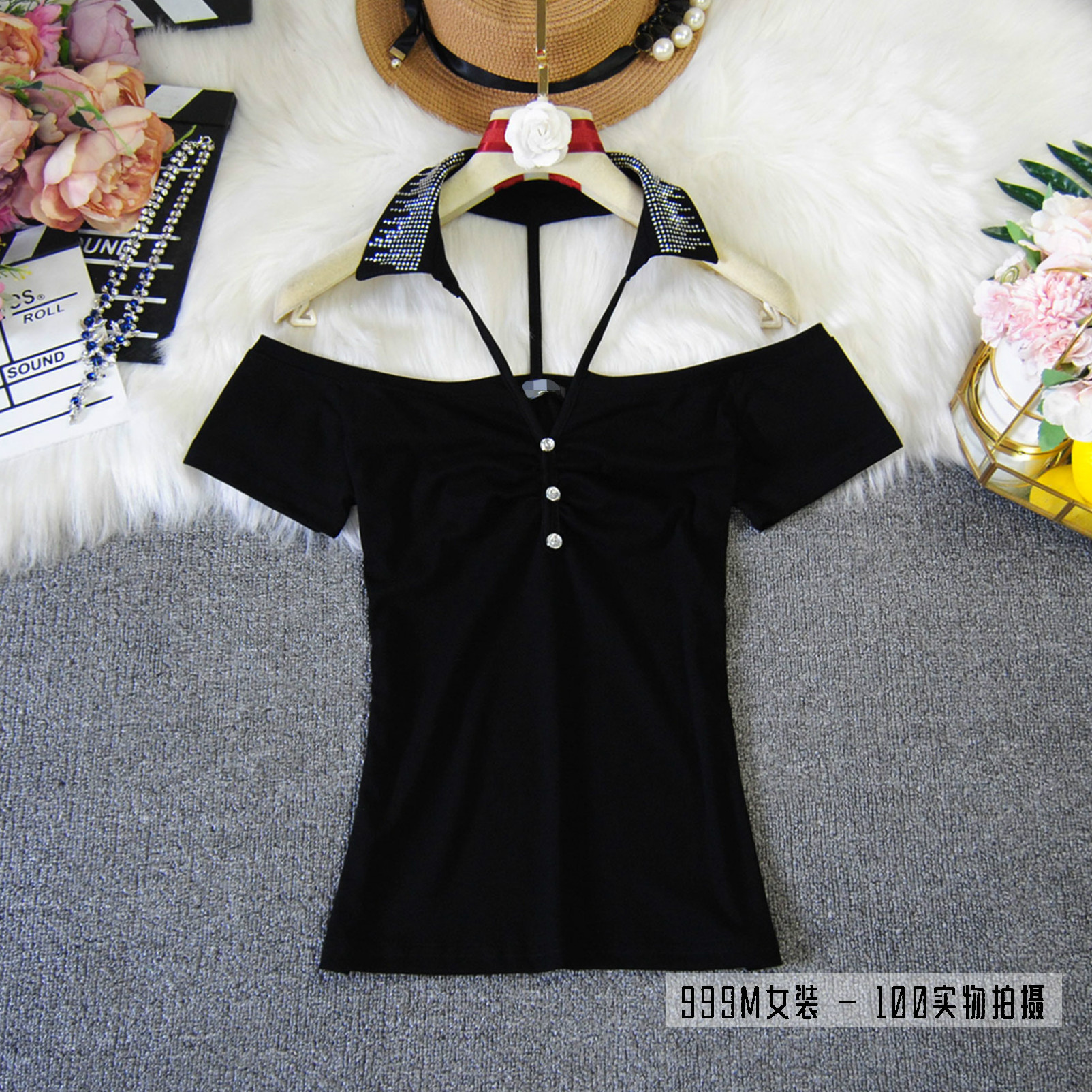 夏季女装 韩版性感漏肩一字领镂空漏胸烫钻挂脖衣领短款T恤女上衣