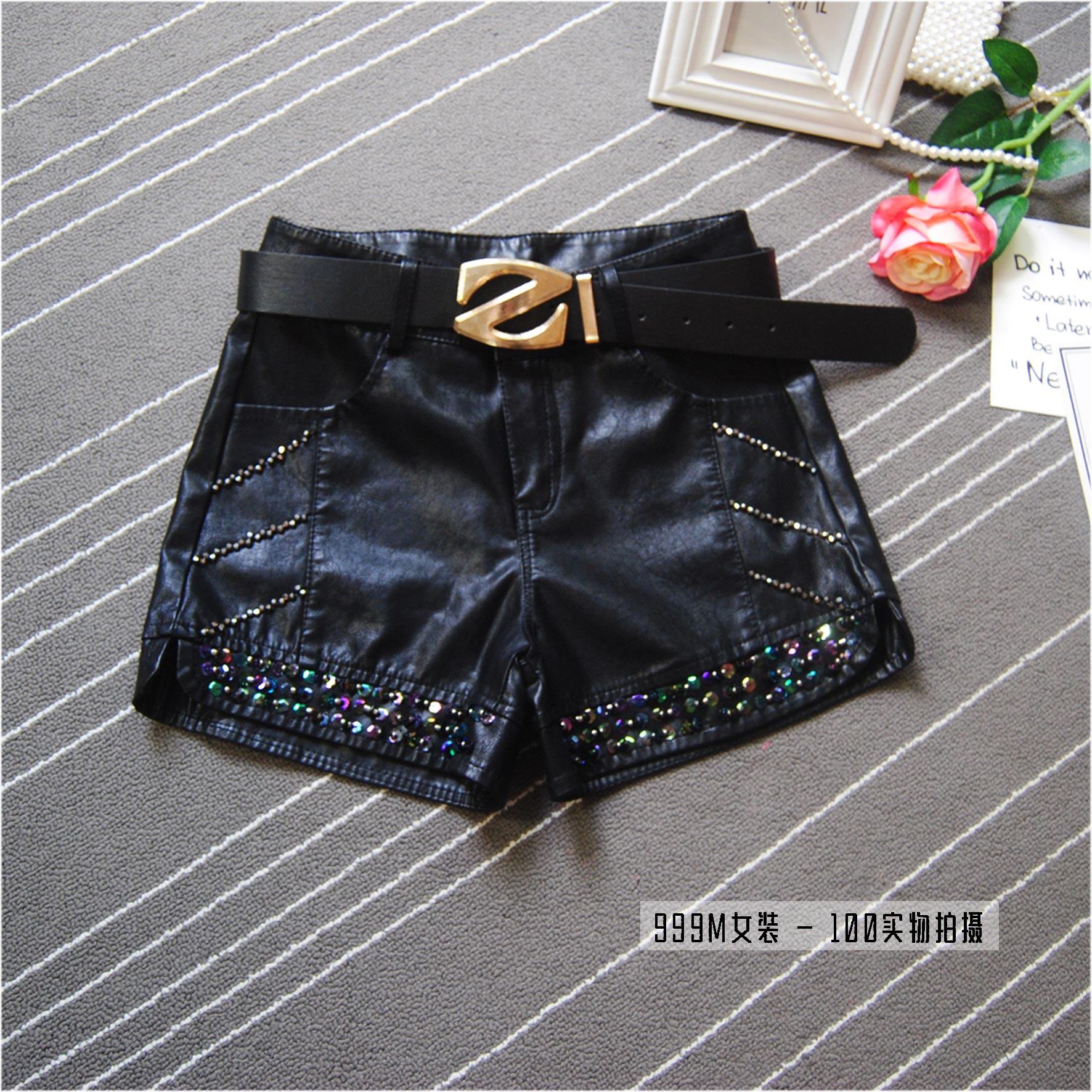 秋冬新款韩版pu皮短裤女钉珠亮片高腰皮裤百搭显瘦外穿阔腿靴裤潮,女装/女士精品,休闲裤,淘宝优惠券,粉丝福利购,淘宝优惠卷