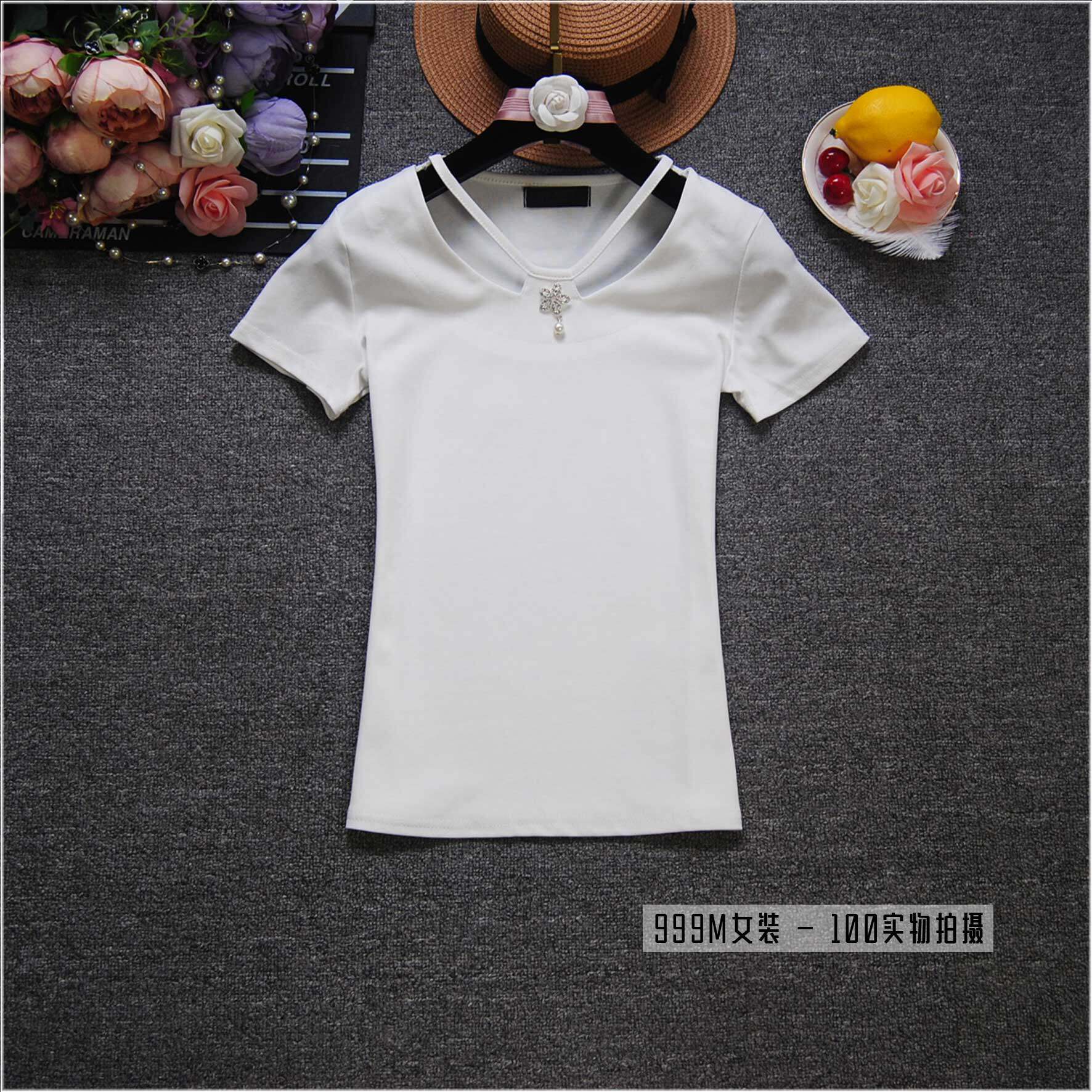 简单t恤女夏季新款韩版妇装镂空v领修身显瘦纯色棉质打底百搭上衣