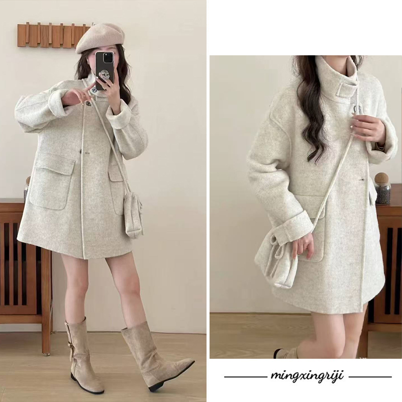 2025秋冬新款米白色毛呢外套