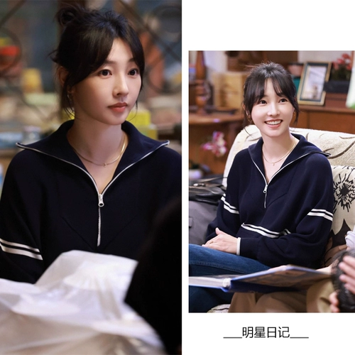 Синий трикотажный осенний свитер для отдыха с молнией, свободный крой