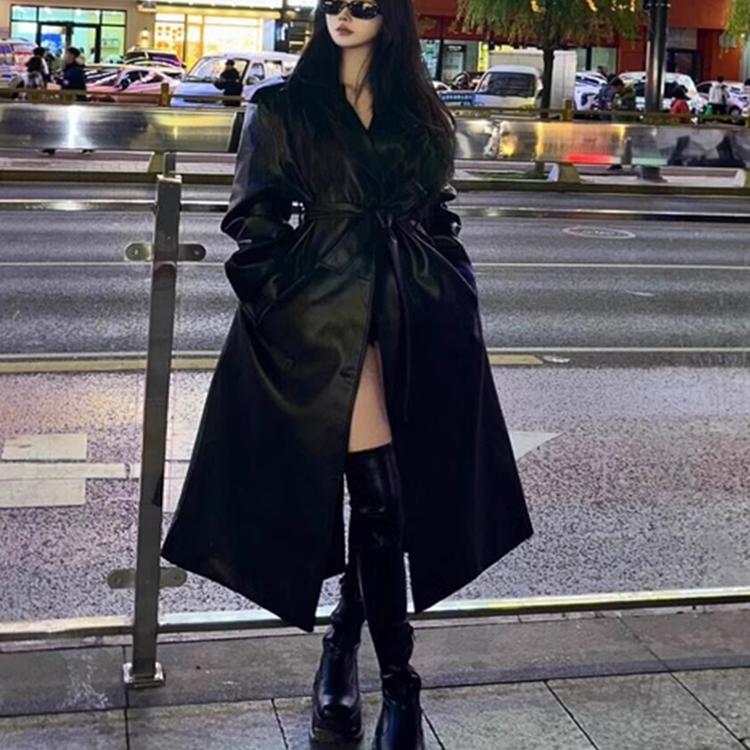 明星日记/美式复古宽松休闲百搭皮衣流行显瘦长款风衣外套女秋冬