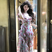 明星日记法式 粉色玫瑰荷叶边连衣裙女夏新度假风收腰无袖 吊带长裙