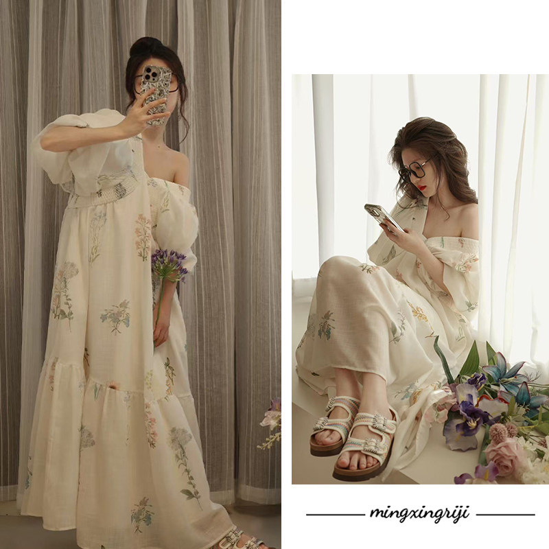 法式短袖收腰v领茶歇连衣裙