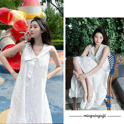 王玉雯同款法式白色海军领连衣裙