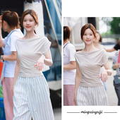 阔腿裤 赵露思同款 新条纹休闲裤 T恤女2025夏季 斜露肩褶皱掐腰短袖