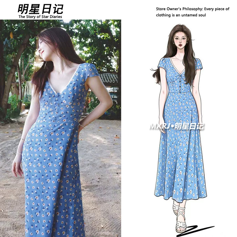 谭松韵同款度假雏菊碎花连衣裙女夏季茶歇裙V领短袖收腰裙子2026