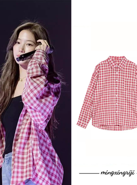 中村一叶明星同款复古红色格纹衬衫女夏休闲宽松百搭防晒上衣