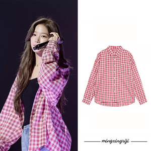 中村一叶明星同款复古红色格纹衬衫女夏休闲宽松百搭防晒上衣