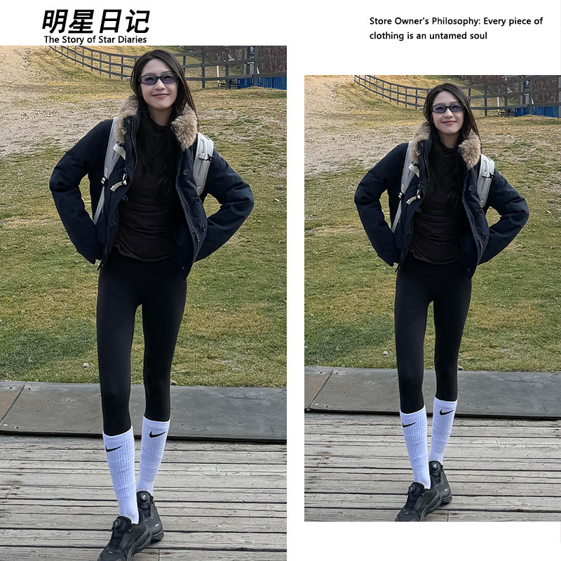 向涵之同款美式大毛领羽绒服外套女秋冬显瘦防风夹克黑色派克服