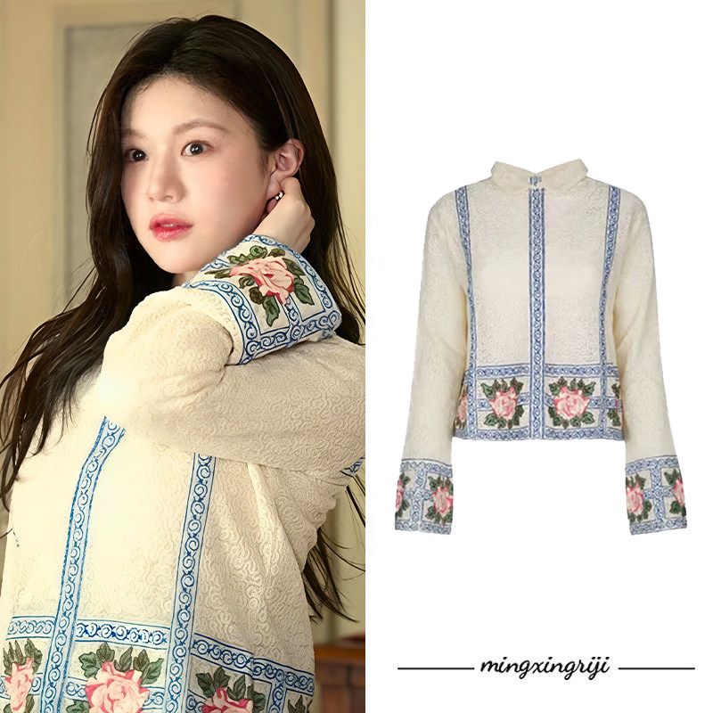 明星日记爱情怎么翻译高允真同款复古刺绣玫瑰长袖衬衫高级感上衣