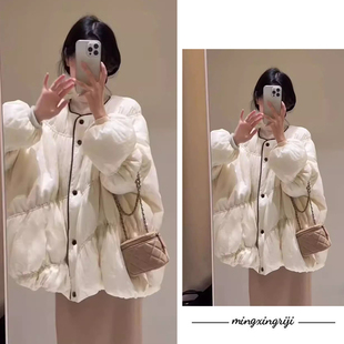 明星日记|白色圆领短款羽绒服女2024新款冬季保暖外套韩系加厚