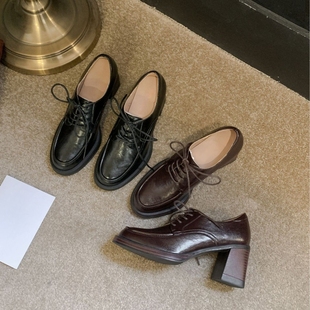 葡萄妈studio同款复古系带小皮鞋女新款英伦风小个子增高粗跟单鞋