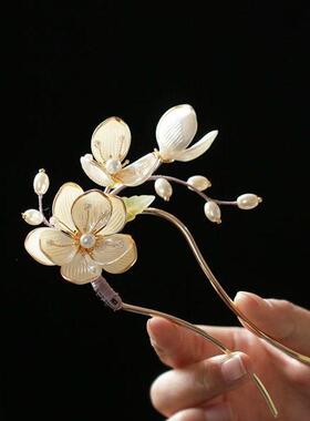 爆款新中式白玉兰花朵u型发簪中国风盘发发钗高级感簪子头饰旗袍