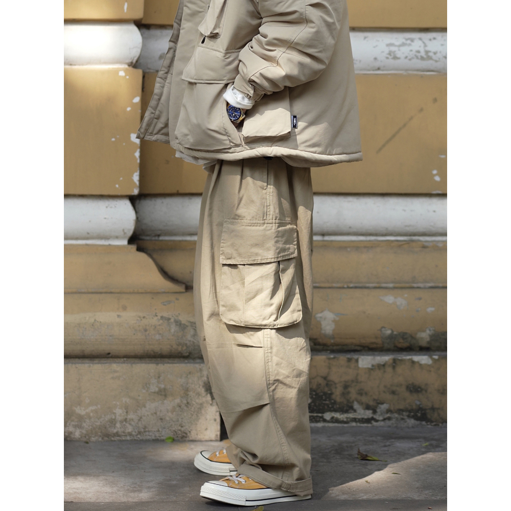 日系重磅硬挺宽松立体口袋复古直筒阔腿工装裤男