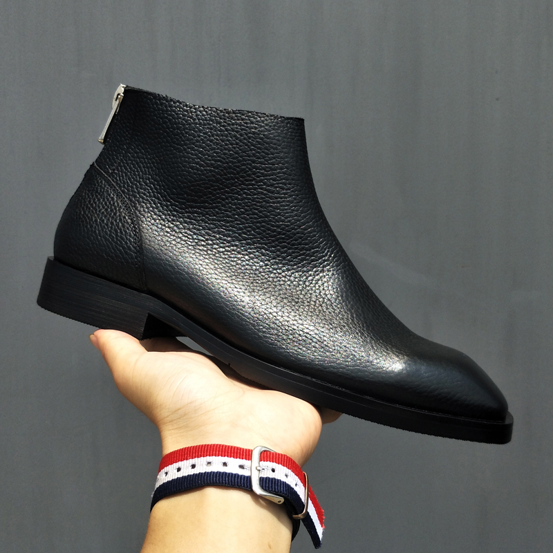 头层牛皮拉链英伦时装靴方头男鞋