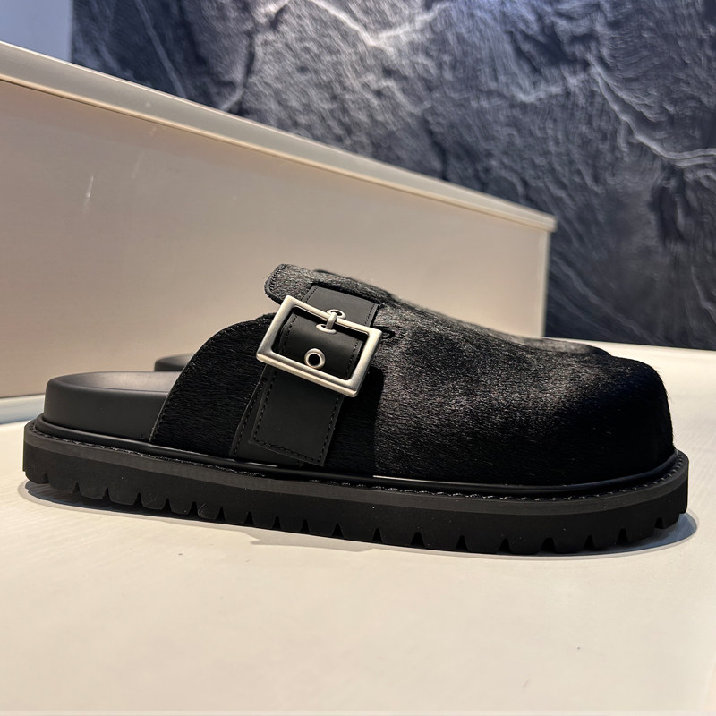 马毛鞋面2025夏季新款日系复古一脚蹬真皮透气厚底包头拖鞋勃肯鞋